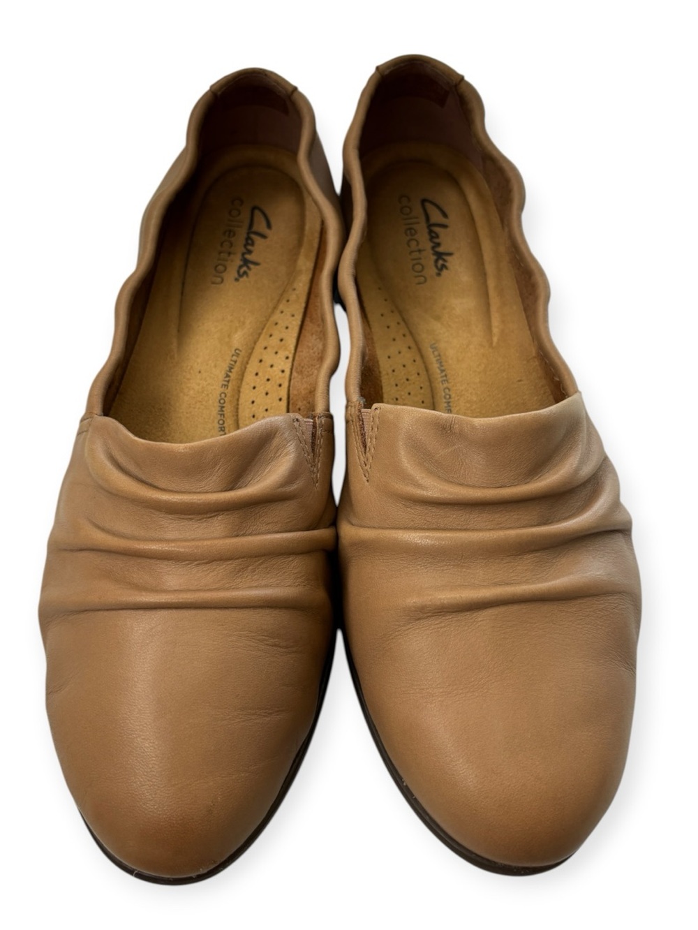 Clarks Jenette Ruby Leather Loafers Slip On Tan Nude Ballet Flat Shoe 8.5 Wide